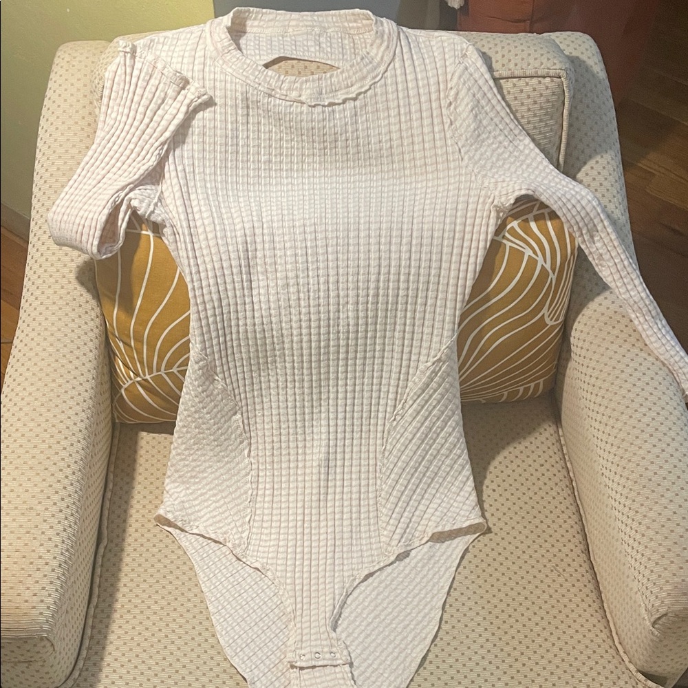 Free People White and Light Pink Striped Ribbed Backless Bodysuit